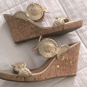 Jack Rogers gold cork wedges
